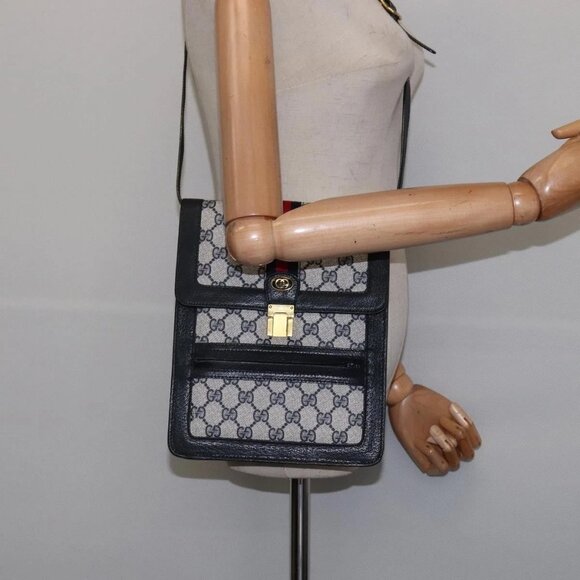 GUCCI GG Supreme Sherry Line Shoulder Bag PVC Navy Gold Red Auth BA5636 - Picture 1 of 16